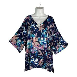 Dana Buchman XXL Floral Tunic Top Blue Pink V-Neck O-Ring Blouse